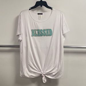 Short sleeve tie front BLESSED rhinestone top